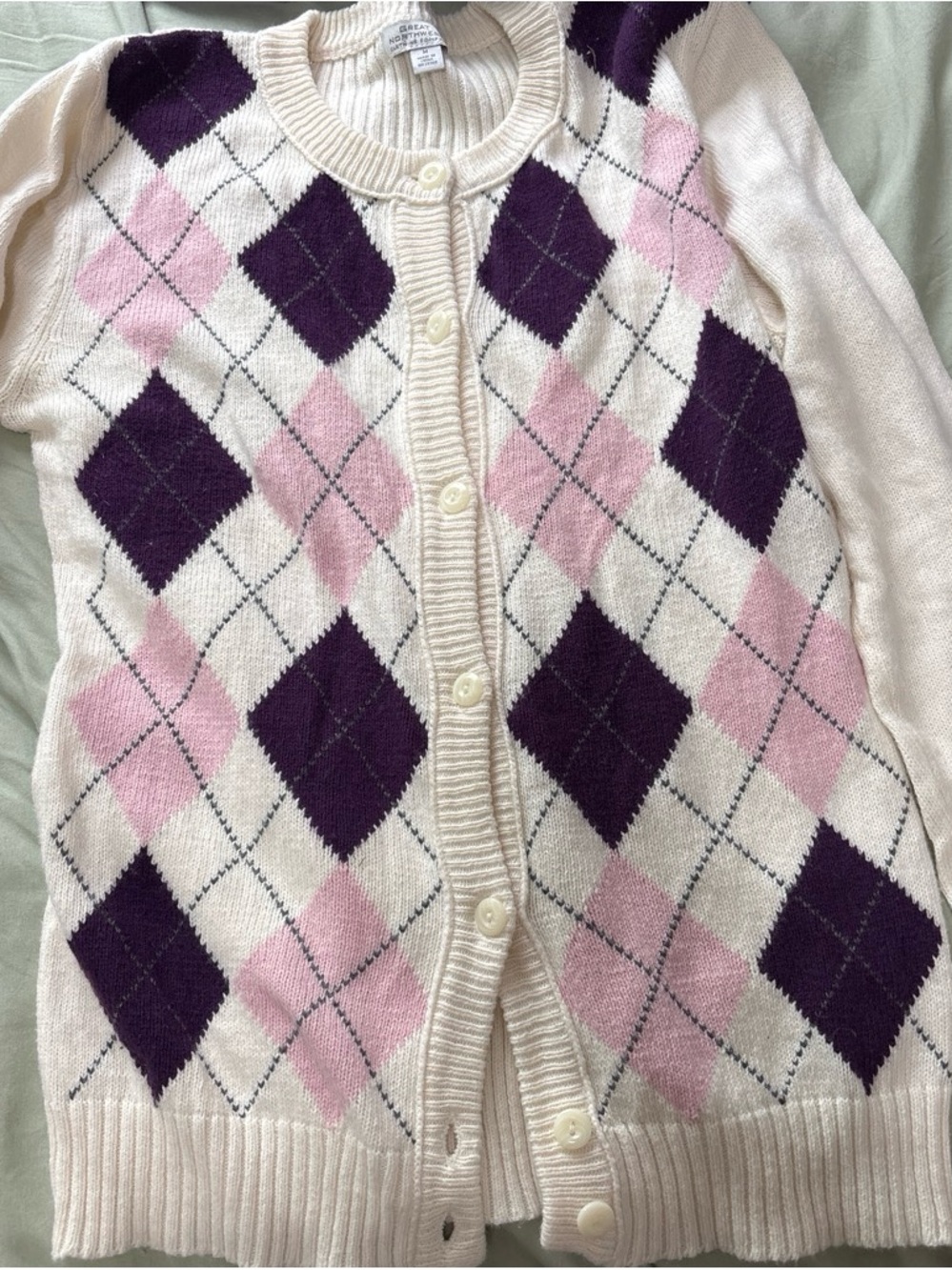 Great Northwest Clothing Company Cream Cardigan with Pink & Purple Argyle